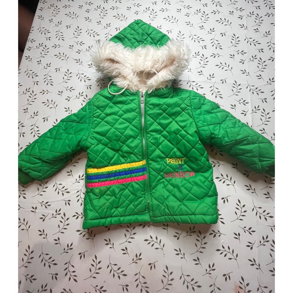 Vintage 70s Weather Tamer Kids 3T Green Quilted Rainbow Puffer Jacket Fur Hood
